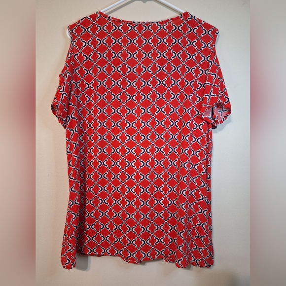 Cleo Kai medium Shortsleeve red patterned cold shoulder corset tie lace up top - Picture 6 of 6